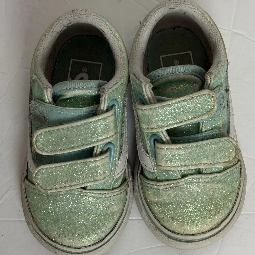 Vans Old‎ Skool V Blue Green Glitter Skate Shoe Toddler Size 5 - Play Condition